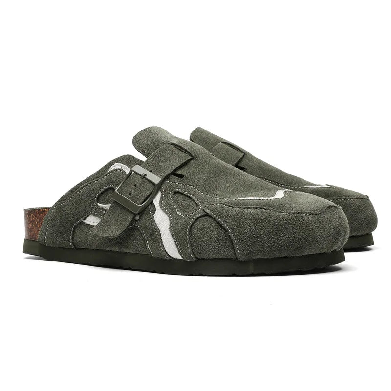 Genuine Leather Cork Mules Slippers for Men Women Close Toe Slippers Home Shoes Clogs Vintage Muller Slippers with Arch Support