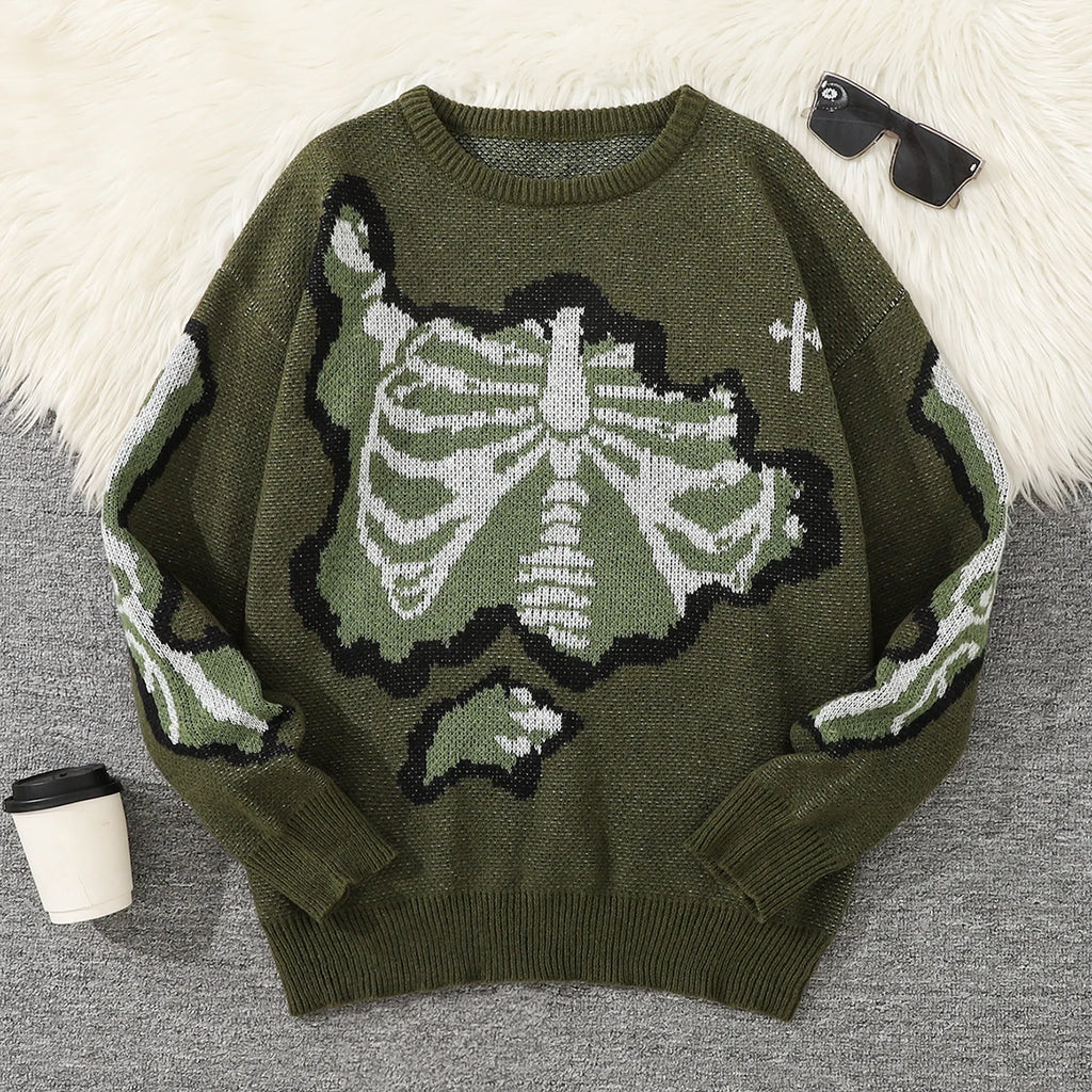 New Popular Spring and Autumn Bone-Shaped Butterfly Jacquard Pattern Pullover Sweater Casual Round Neck Contrast Color Knitted m