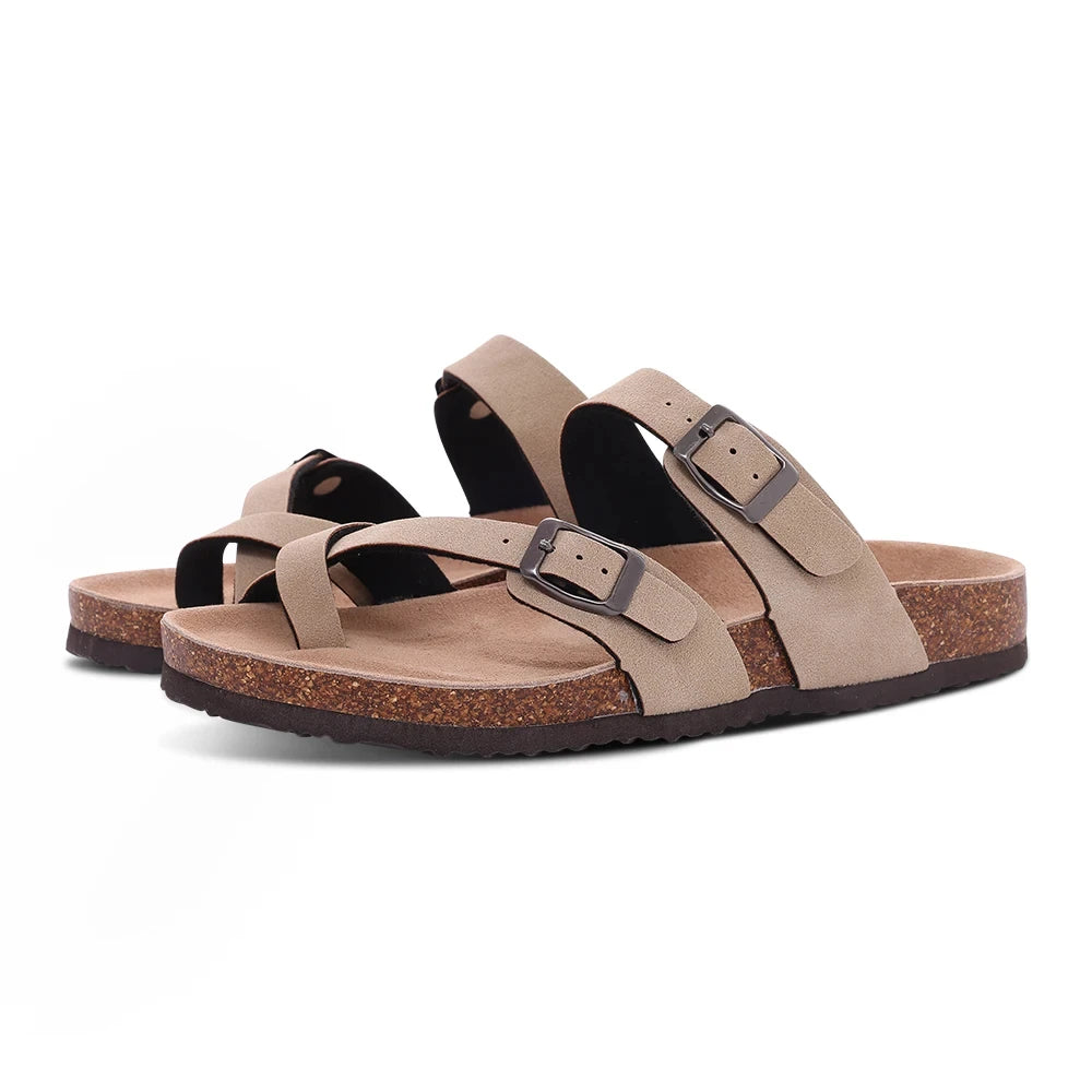 Comwarm Men's Cork Footbed Slides Sandals Arch Support Summer Outdoor Sandals with Adjustable Buckle Leisure Men Leather Slides