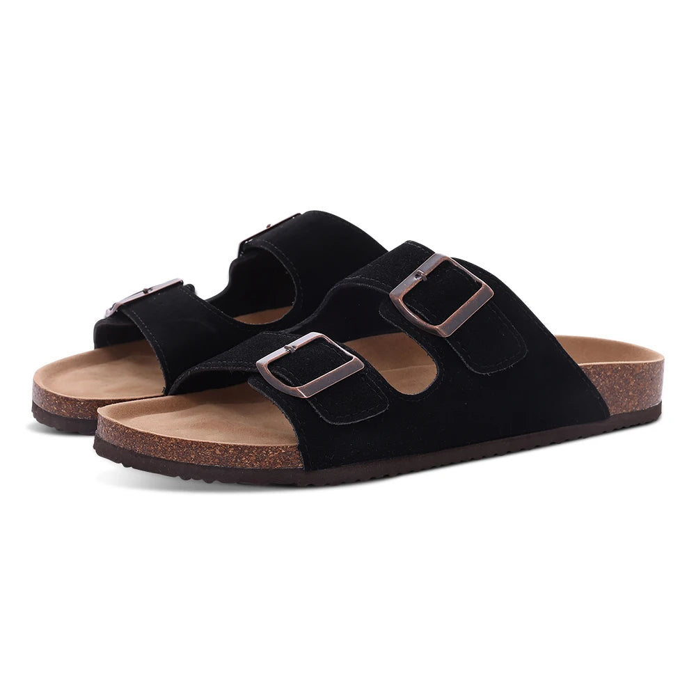 Comwarm Men's Cork Footbed Slides Sandals Arch Support Summer Outdoor Sandals with Adjustable Buckle Leisure Men Leather Slides