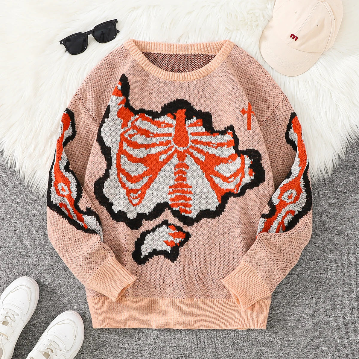 New Popular Spring and Autumn Bone-Shaped Butterfly Jacquard Pattern Pullover Sweater Casual Round Neck Contrast Color Knitted m