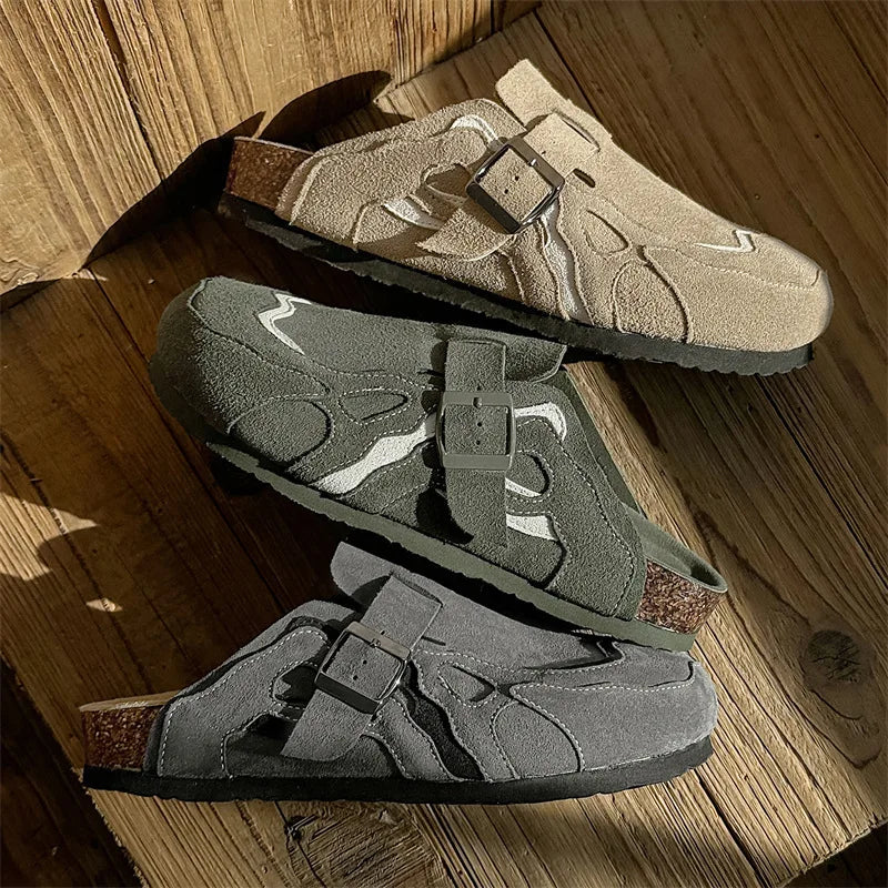 Genuine Leather Cork Mules Slippers for Men Women Close Toe Slippers Home Shoes Clogs Vintage Muller Slippers with Arch Support