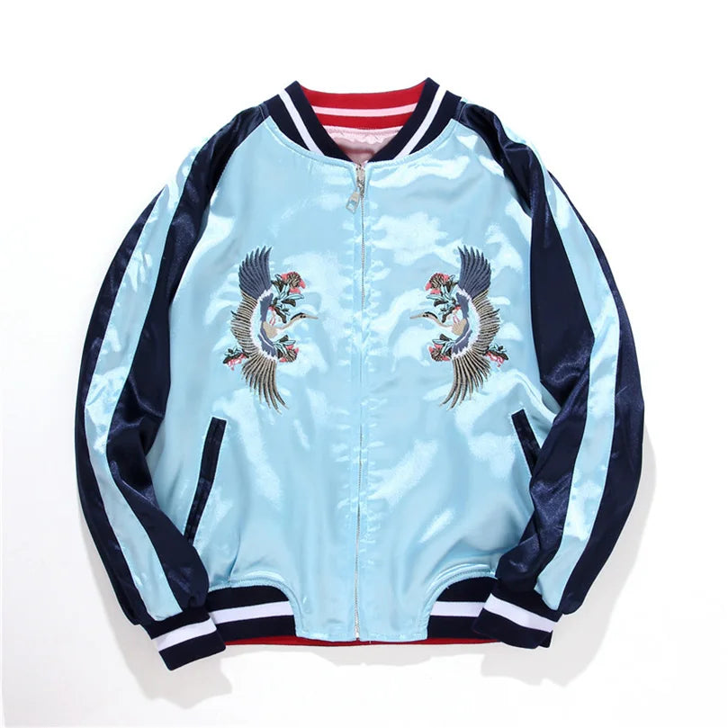 Double Sided Satin Baseball Jacket Women Sukajan Jacket Female Girls Embroidery Coat 2026 Spring Autumn Pink Z1A1