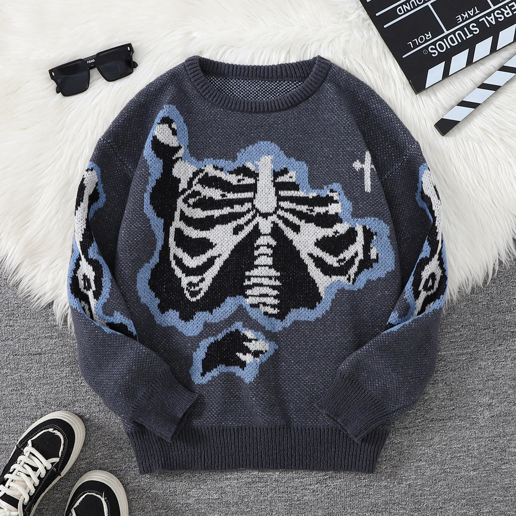 New Popular Spring and Autumn Bone-Shaped Butterfly Jacquard Pattern Pullover Sweater Casual Round Neck Contrast Color Knitted m