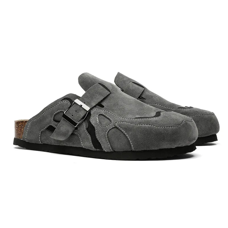 Genuine Leather Cork Mules Slippers for Men Women Close Toe Slippers Home Shoes Clogs Vintage Muller Slippers with Arch Support