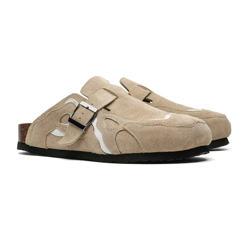 Genuine Leather Cork Mules Slippers for Men Women Close Toe Slippers Home Shoes Clogs Vintage Muller Slippers with Arch Support
