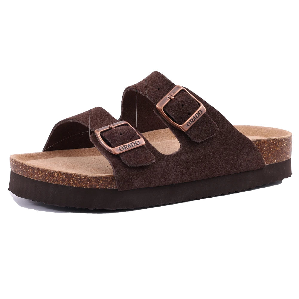 Comwarm Men's Cork Footbed Slides Sandals Arch Support Summer Outdoor Sandals with Adjustable Buckle Leisure Men Leather Slides