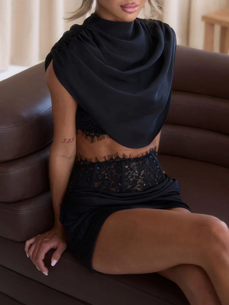 Mock Neck  Two Piece Set Corset High Waist Suit Women (2)