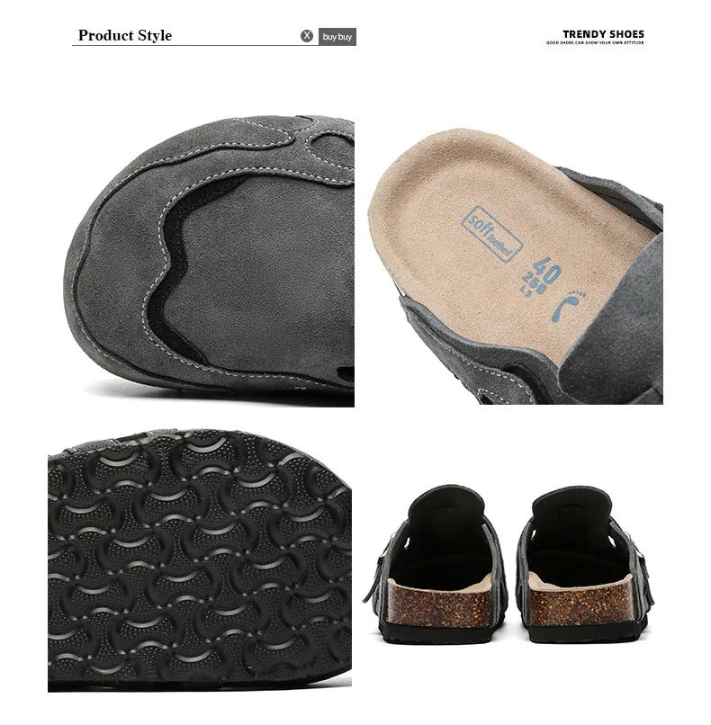 Genuine Leather Cork Mules Slippers for Men Women Close Toe Slippers Home Shoes Clogs Vintage Muller Slippers with Arch Support