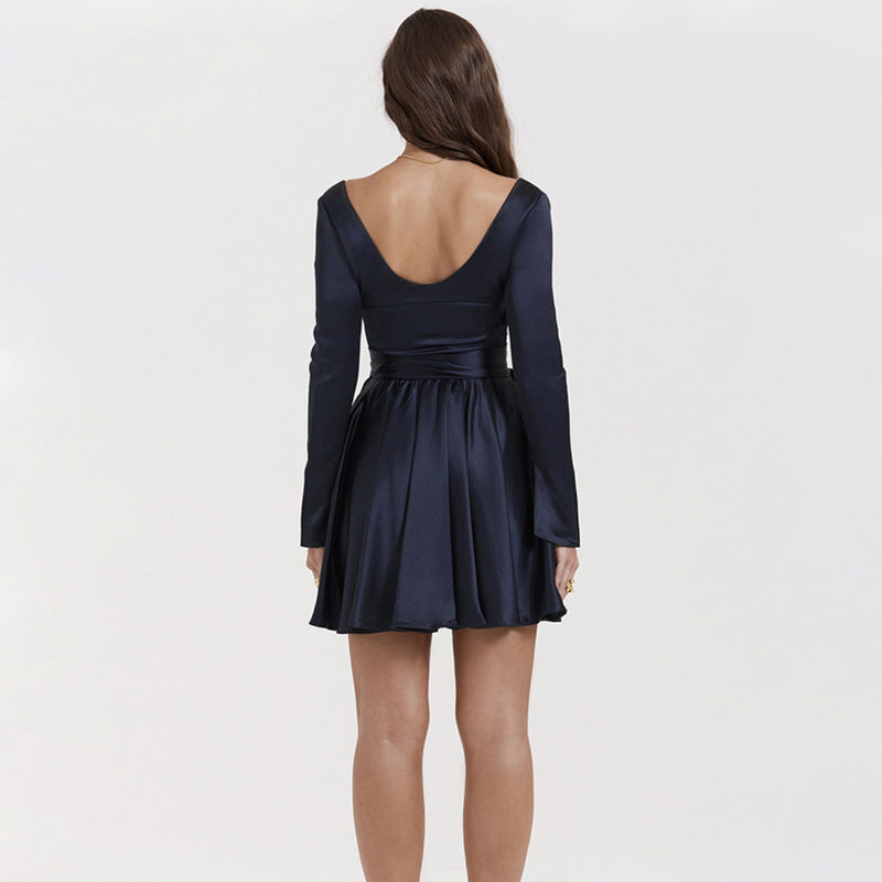 Fashionable V-Neck Backless Dress with Waist Tie